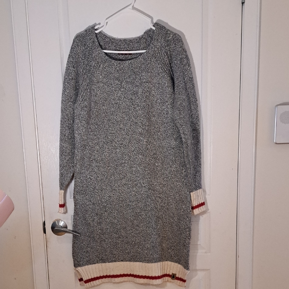 Gray Knit Sweater Dress with Cream & Red Trim